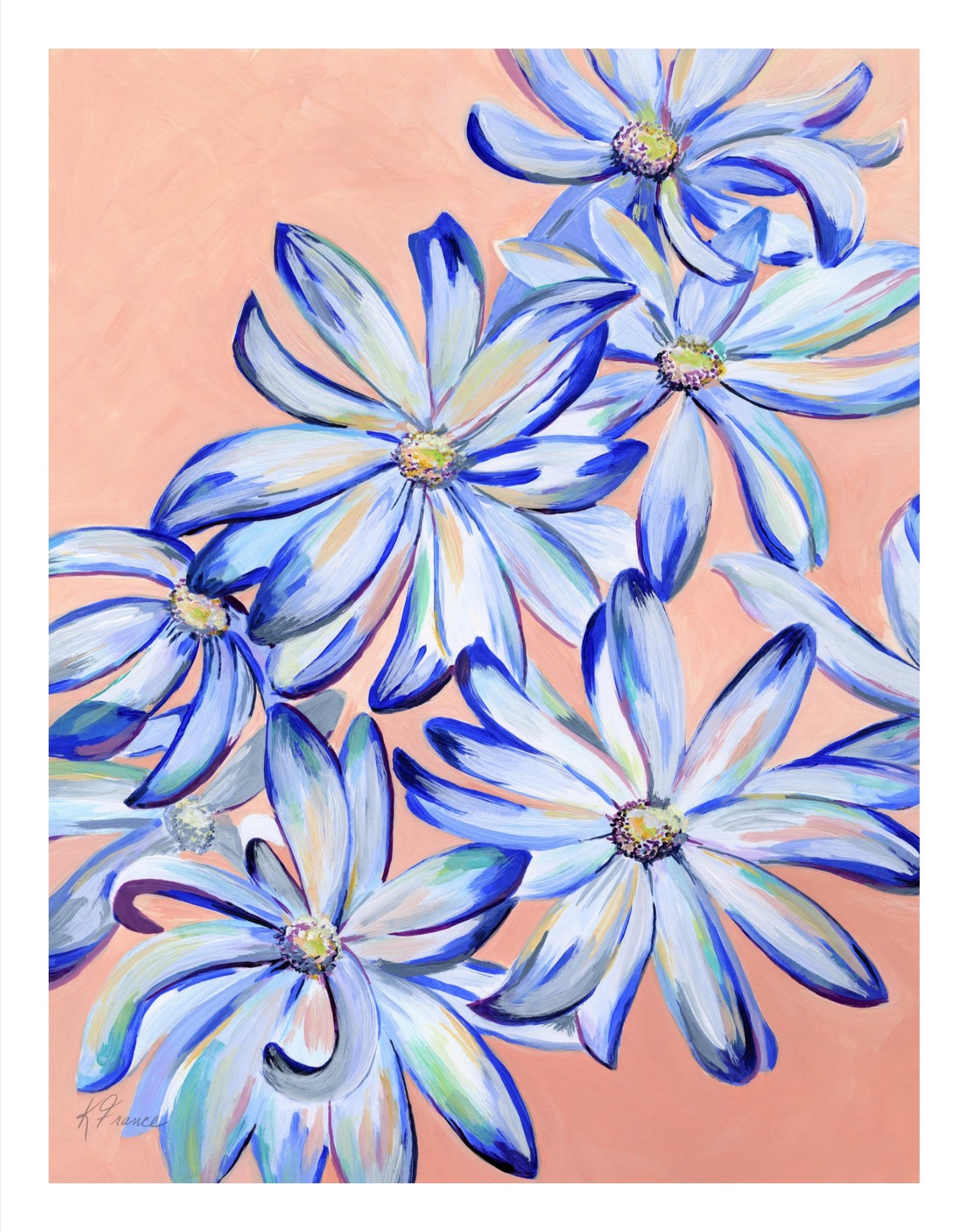 Blue daisies on peach -Giclee print on archival paper - Several sizes are available- unframed and framed