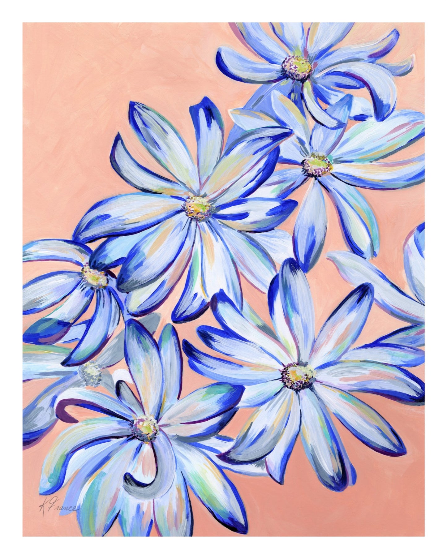 Blue daisies on peach -Giclee print on archival paper - Several sizes are available- unframed and framed