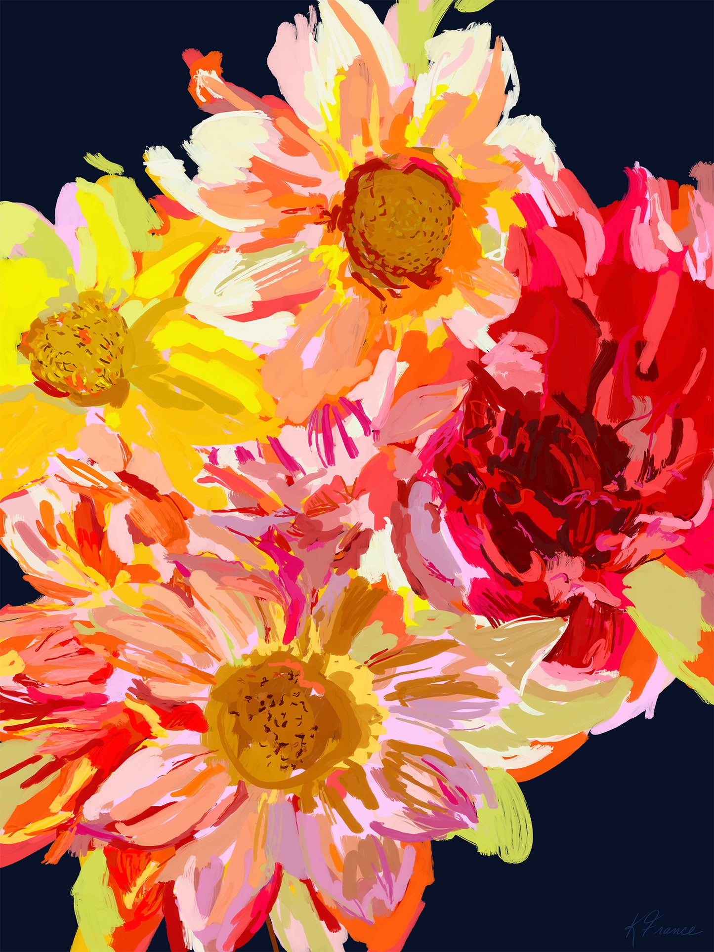 All of the feeling- Colorful dahlias on navy- Giclee print on archival paper - Several sizes avaiable