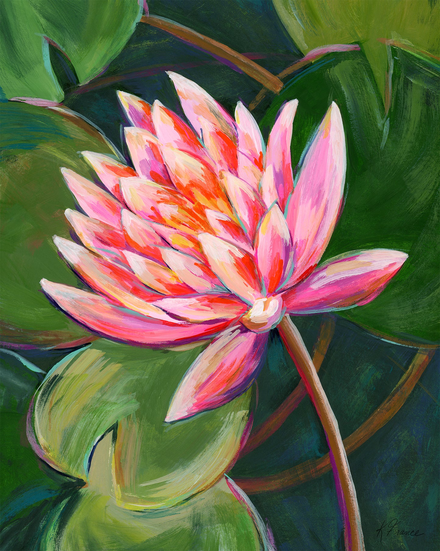 Colorful painting of a pink water lily with green leaves