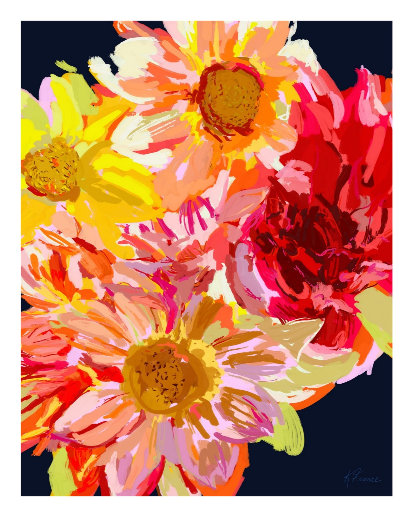 All of the feeling- Colorful dahlias on navy- Giclee print on archival paper - Several sizes avaiable