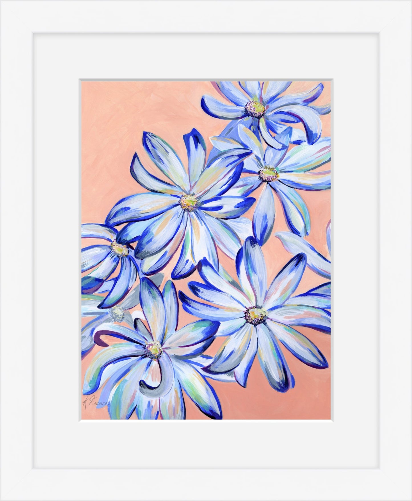 Blue daisies on peach -Giclee print on archival paper - Several sizes are available- unframed and framed