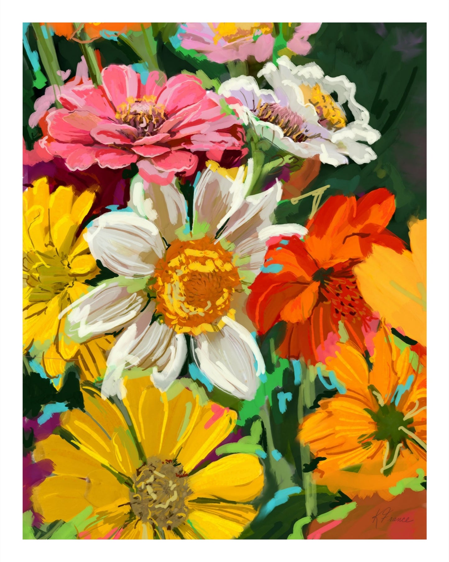 Colorful painting of zinnias and dhalis flower including pink, white, orange, and yellow on green backgroind