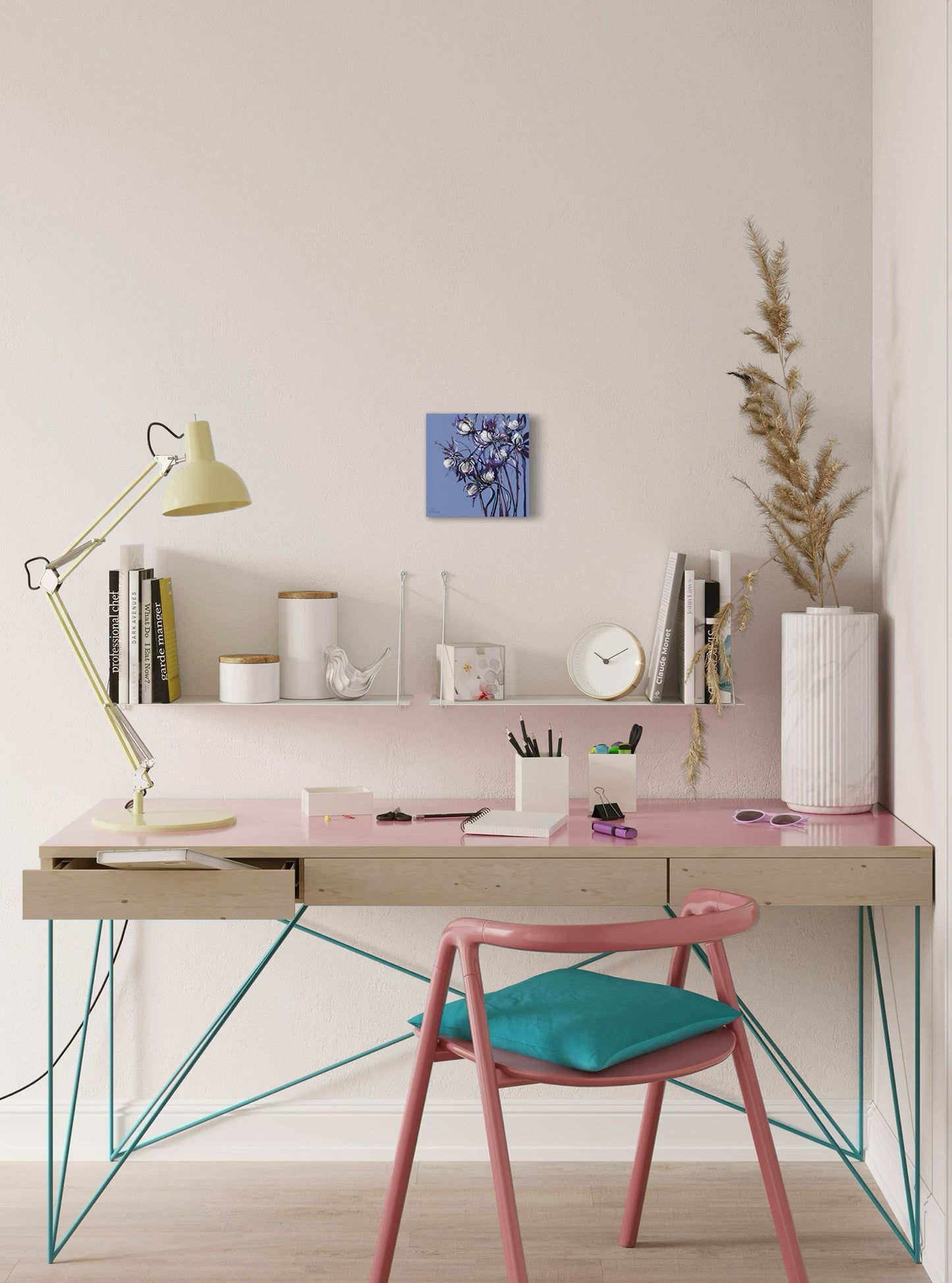 art print of inky dried flowers on periwinkle background above a desk