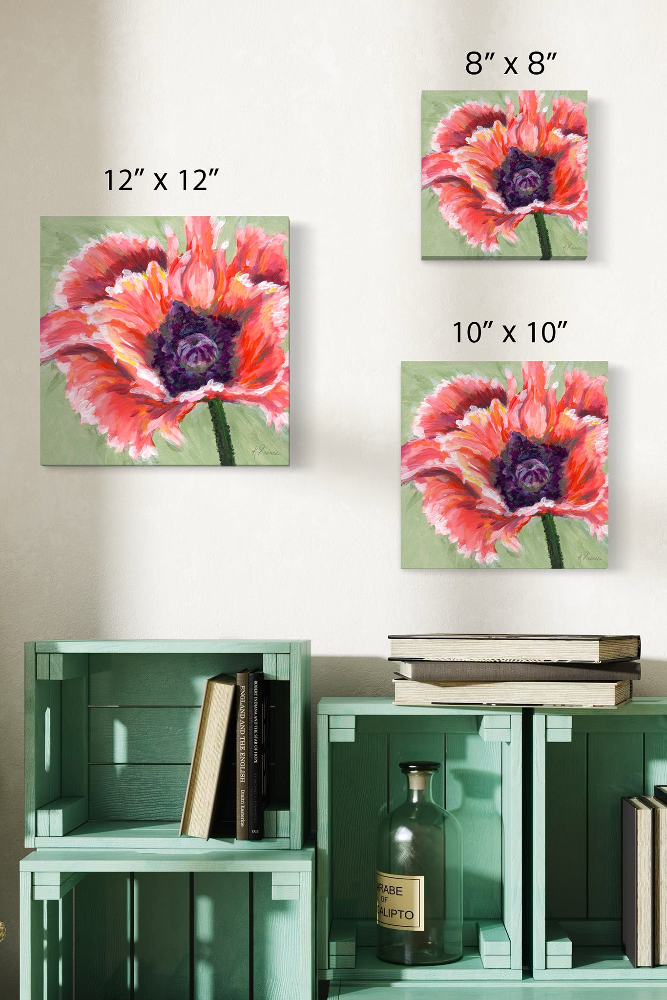 image shows 3 sizes of a poppy pink and coral poppy painting with a reen background above crates