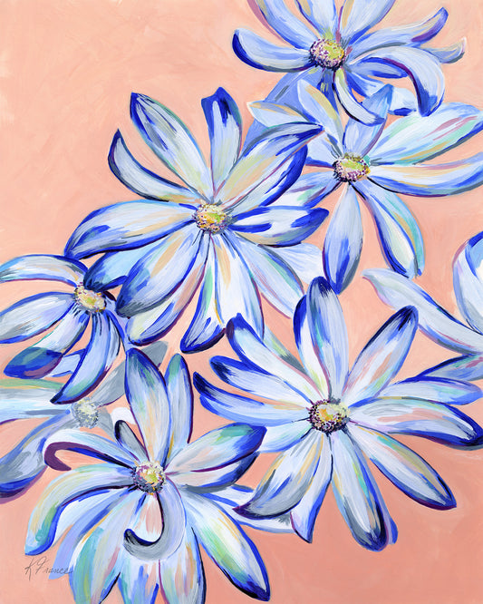 Blue daisies on peach -Giclee print on archival paper - Several sizes are available- unframed and framed